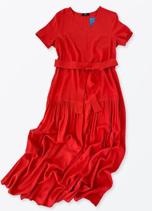 Длинное легкое платье из облегченного вискозного льна оранжево-красного оттенка
