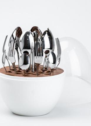 Набір столових приладів на 6 персон із нержавіючої сталі 24 штуки з підставкою "яйце" білий (столове приладдя)2 фото