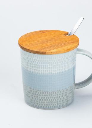 Чашка с бамбуковой крышкой и ложкой керамическая 350 мл серая (чашки)
