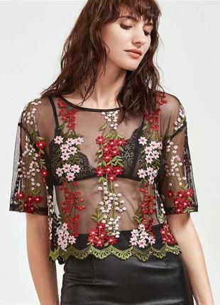 Повний розпродаж ❤️🥰 чорна модна прозора блузка блуза женская футболка сіточка з квітами