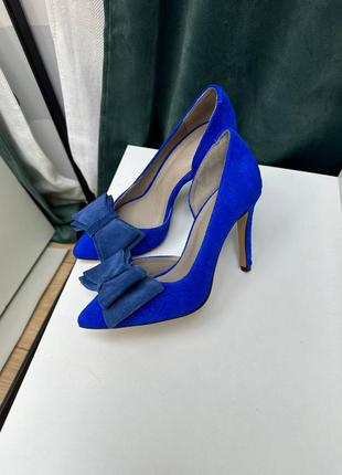 Синие замшевые туфли лодочки с бантиком цвет на выбор