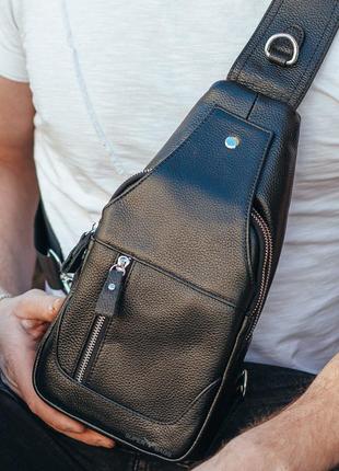 Кожаный черный мужской слинг рюкзак на одно плече tiding bag xs-48383