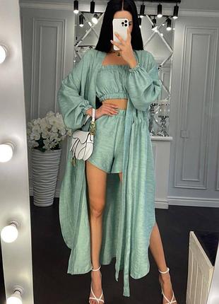 Костюм трійка жіночий пляжний комплект шорти бюстьє кроп топ туніка парео кімоно накидка пеньюар пудра молочний чорний фісташка бежевий блакитний