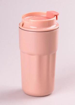 Термокухоль з напувалкою 450 мл з ремінцем нержавіюча сталь рожевий (термоси та термочашки)2 фото