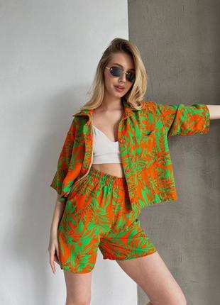Летний яркий костюм с тропическим принтом рубашка с шортиками,натуральная легкая ткань
