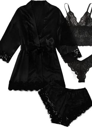 Сексуальний атласний комплект для сну жіноча піжама, топ і халат колір чорний