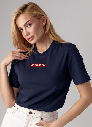 Жіноча футболка з вишитим написом miu miu — темно-синій колір, l (є розміри)