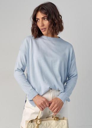 В'язаний жіночий джемпер із подовженою спинкою — блакитний колір, s (є розміри)
