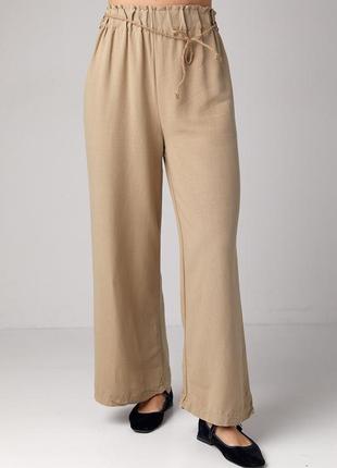 Льняные штаны на резинке с поясом - кофейный цвет, m (есть размеры)6 фото