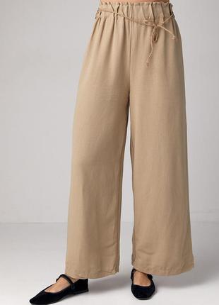 Льняные штаны на резинке с поясом - кофейный цвет, m (есть размеры)1 фото