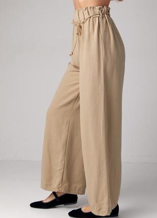 Льняные штаны на резинке с поясом - кофейный цвет, m (есть размеры)5 фото