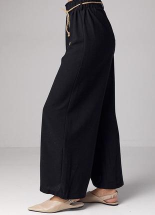 Льняные штаны на резинке с поясом - черный цвет, m (есть размеры)5 фото