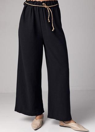 Льняные штаны на резинке с поясом - черный цвет, m (есть размеры)6 фото