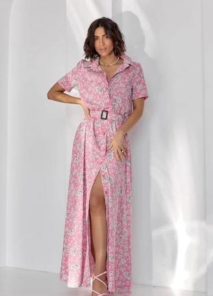 Длинное розовое платье-рубашка с цветочным принтом, софт, повседневный