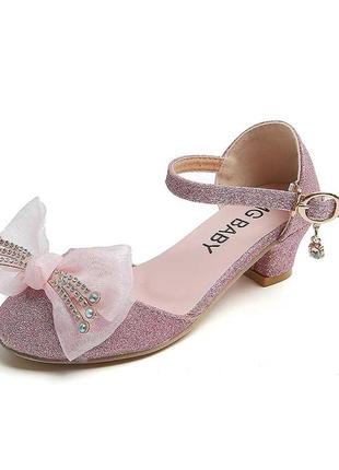 Розовые блестящие туфли с бантиком на каблуке 26-35 р