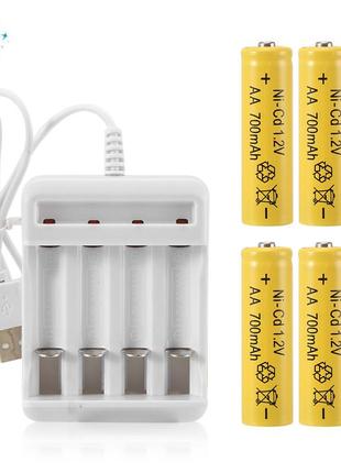 Комплект зарядний пристрій на 4 слоти led + акумулятори ni-cd 1.2v 4 шт 600mah ааa мініпальчик
