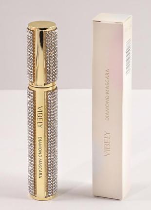 Водостійка туш для вій з силіконовою щіточкою, тюбик зі стразами, vibely diamond