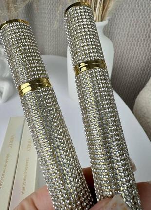 Водостійка туш для вій з силіконовою щіточкою, тюбик зі стразами, vibely diamond