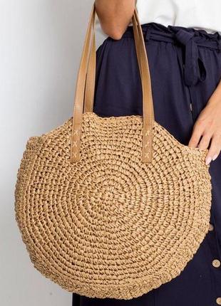 Жіноча літня плетена кругла сумка шопер кава з молоком