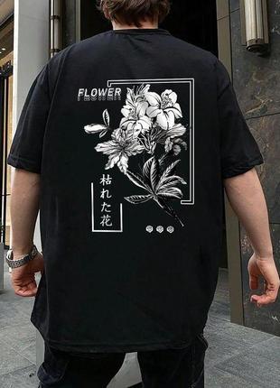 Легкая мужская черная хлопковая оверсайз футболка со стильным принтом и надписями