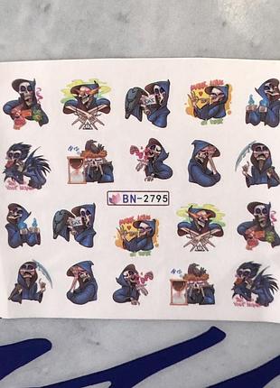 Наклейки на ногти декор для ногтей маникюра водные слайдеры жнец смерть с косой скелеты в капюшоне черепа мультяшные на хэллоуин