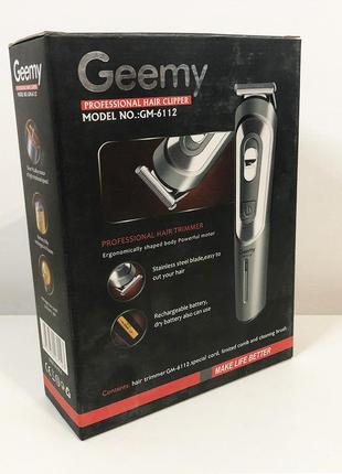 Беспроводная машинка для стрижки волос gemei gm-6112 аккумуляторная, окантовочная машинка. цвет: серый2 фото