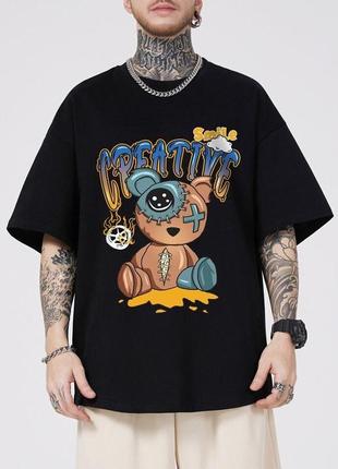 Мужская стильная черная хлопковая оверсайз футболка с ярким принтом мишки и модной надписью