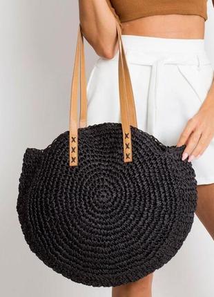 Женская летняя плетеная круглая сумка шоппер черная