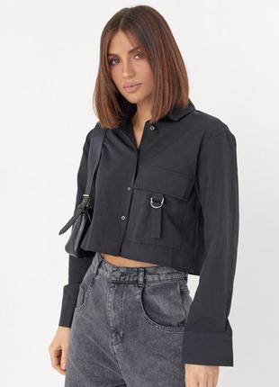 Укорочена жіноча сорочка з накладною кишенею, колір: чорний m