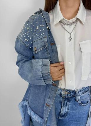 Стильная женская джинсовая рубашка на пуговицах с жемчужинами s/m4 фото