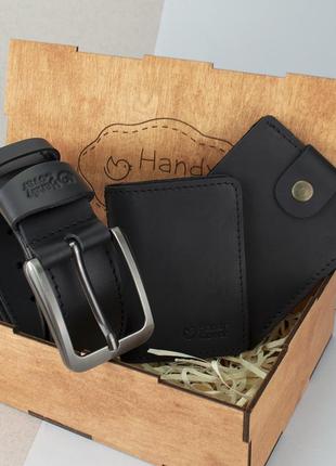 Подарунковий набір чоловічий  в коробці handycover №42 (чорний) ремінь, портмоне, обкладинка id паспорт