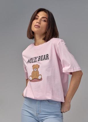Хлопковая футболка с принтом медвежонка - розовый цвет, s (есть размеры)