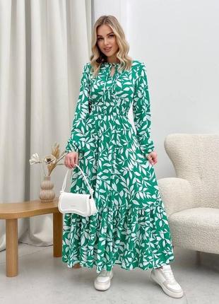 Легка довга жіночна сукня зеленого кольору, довгий рукав. модель 43249