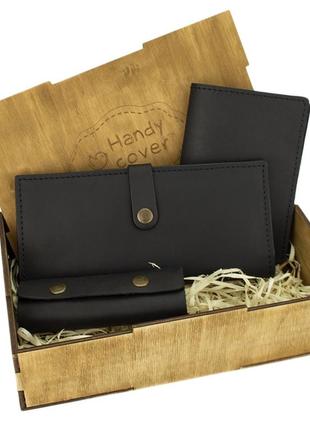 Подарочный набор женский handycover №45 (черный) кошелек, обложка, ключница в коробке