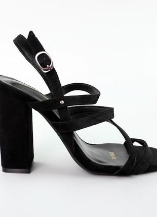 Босоножки женские классические замшевые на высоком устойчивом каблуке с ремешками черные 36 37 38 39 40