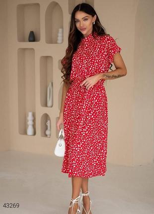 Летнее платье миди красного цвета с коротким рукавом. модель 43269