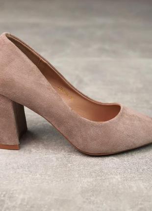 Туфли женские классические закрытые из экозамши на высоком устойчивом каблуке бежевые 36 37 38 39 40