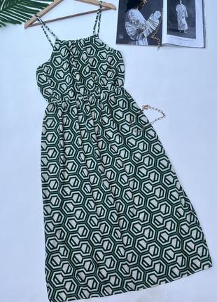 Легкий сарафан на бретельках. зеленое миди платье в принт