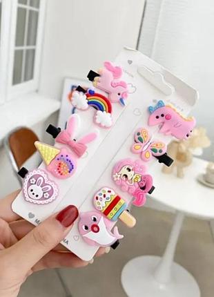 Комплект заколок для волосся, набір зажимів дитячих єдиноріжки, заколки единорожки, акула, акуленок, русалка,заколка акульонок,  веселка, радуга