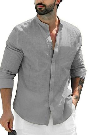 Льняна сорочка чоловіча різні кольори сіра графіт чорна беж молоко високий воріт стійка ґудзики класична базова літня рубаха легка дихаюча акція
