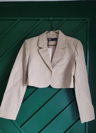 Новий бежевий короткий літній лляний укорочений піджак блейзер zara, s