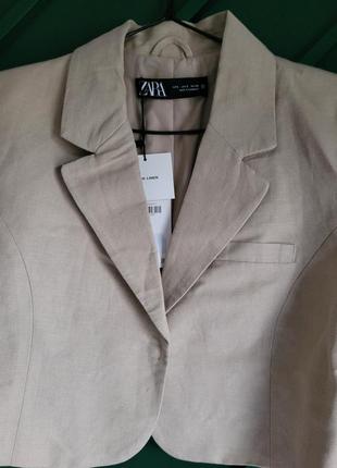 Новий бежевий короткий літній лляний укорочений піджак блейзер zara, s
