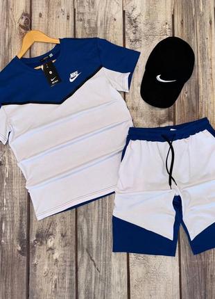 Спортивный костюм летний мужской молодежный шорты и футболка в стиле nike tech найк теч синий белый хлопковый