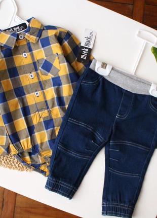 Фирменный комплект рубашка боди + джинсы на малыша 6-9 мес