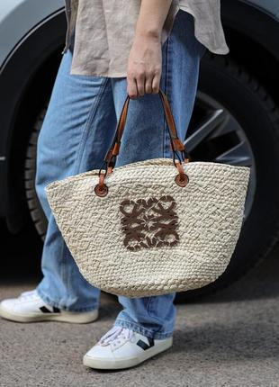 Сумка женская в стиле loewe paula's ibiza small leather-trimmed woven raffia tote