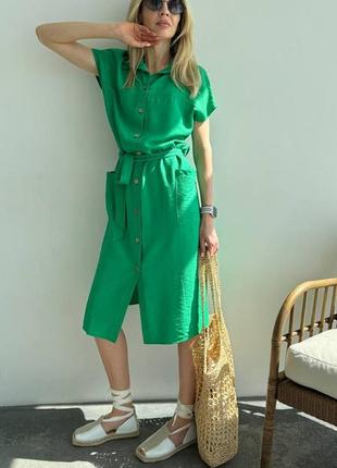 Женское летнее легкое зеленое повседневное платье миди кэжуал на пуговицах с поясом лен лето