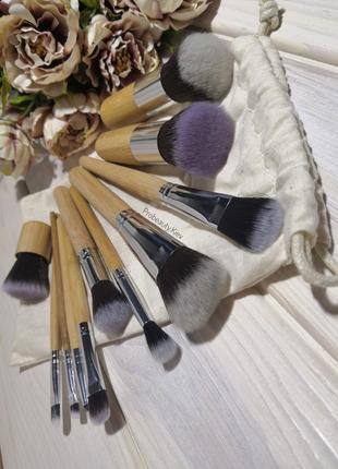 11 шт таклон кисти для макияжа набор ручки бамбук в льняном мешочке probeauty6 фото