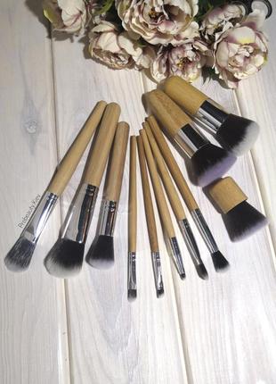 11 шт таклон кисти для макияжа набор ручки бамбук в льняном мешочке probeauty4 фото