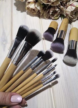 11 шт таклон кисти для макияжа набор ручки бамбук в льняном мешочке probeauty5 фото
