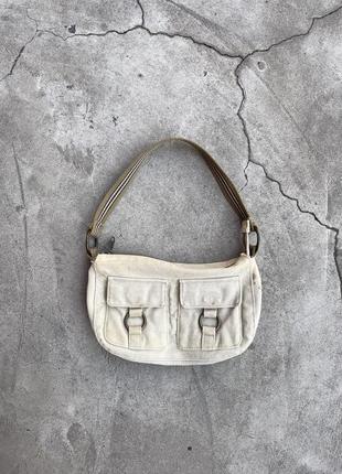 Oold y2k worn khaki mini baguette handle bag japanese style military 00s stonewashed faded with pockets